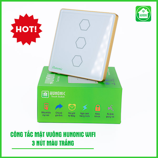 Công tắc Hunonic Wifi 3 nút hình vuông màu trắng